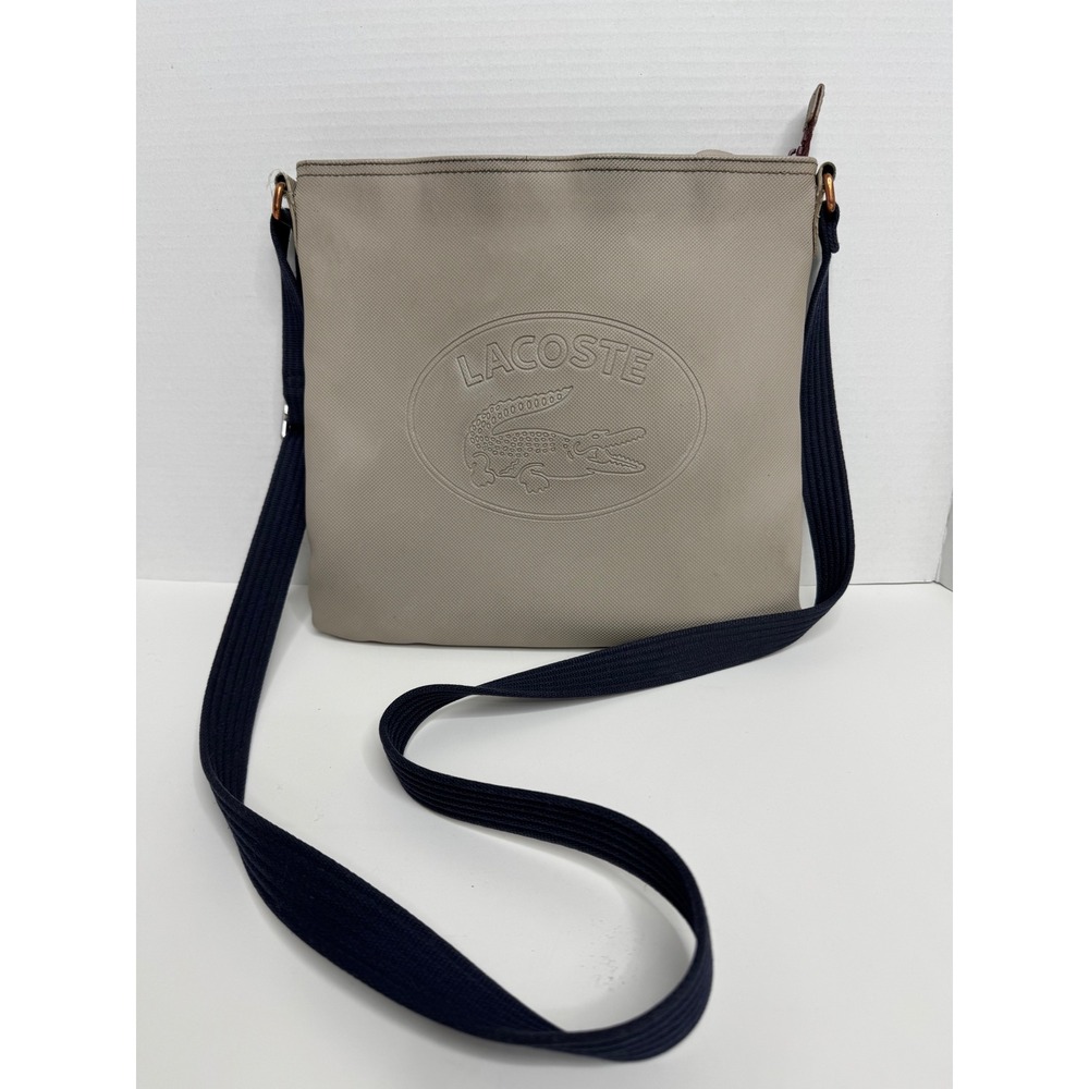 Lacoste Beige‎ PVC Canvas Crossbody Bag Navy Blue Strap Embossed Logo Messenger